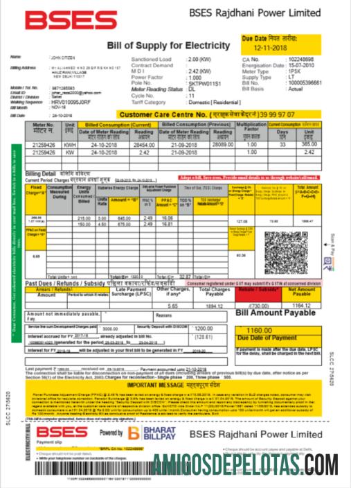 Para baixar modelo Word e PDF para conta de serviços públicos de eletricidade BSES da Índia